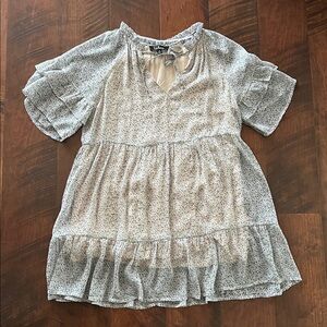 Lulu's Cream and Blue Floral Tie-Neck Dress